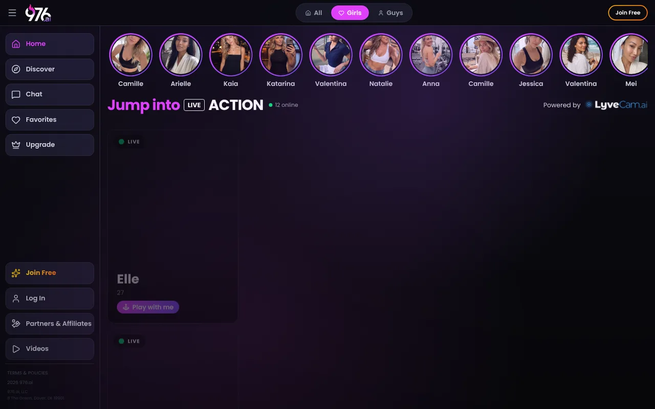 The 976.ai home screen: a row of companion portraits above a Jump into Live Action heading, with a Join Free button top right