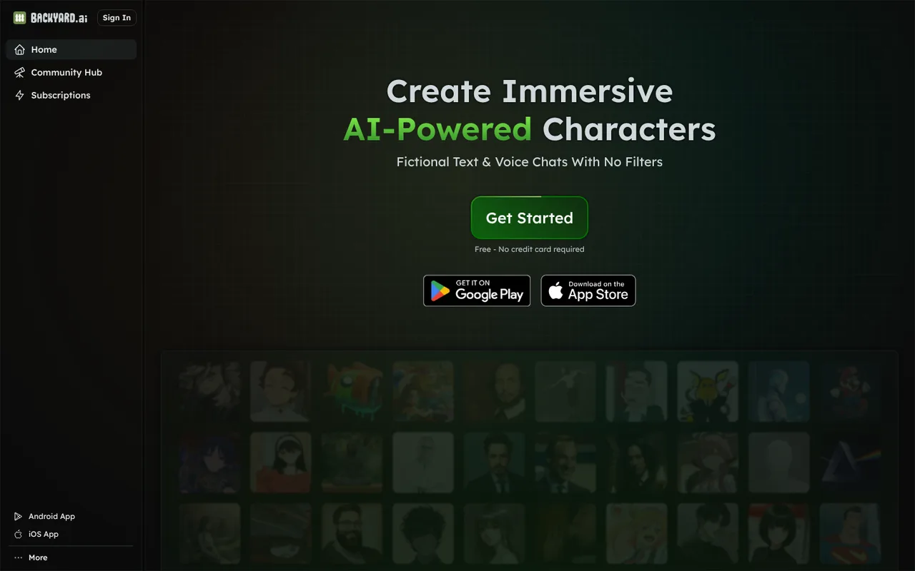 The Backyard AI home screen: the heading Create Immersive AI-Powered Characters above a Get Started button, with a grid of community character portraits below