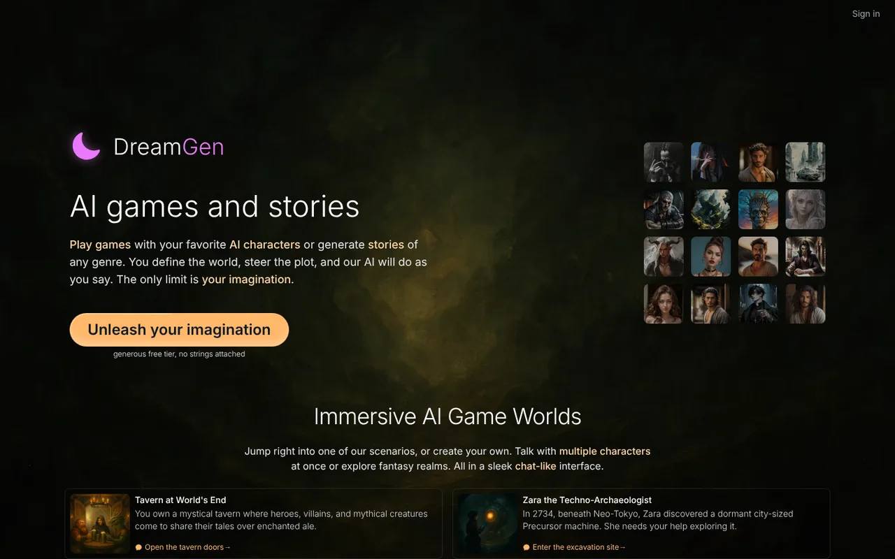 The DreamGen home screen: the heading AI games and stories beside a grid of character portraits, above an Unleash your imagination button
