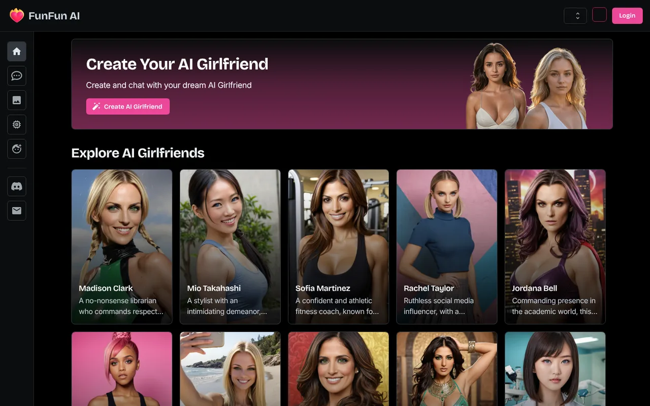 The FunFun AI home screen: a Create Your AI Girlfriend banner above a grid of companion cards with names and one-line descriptions