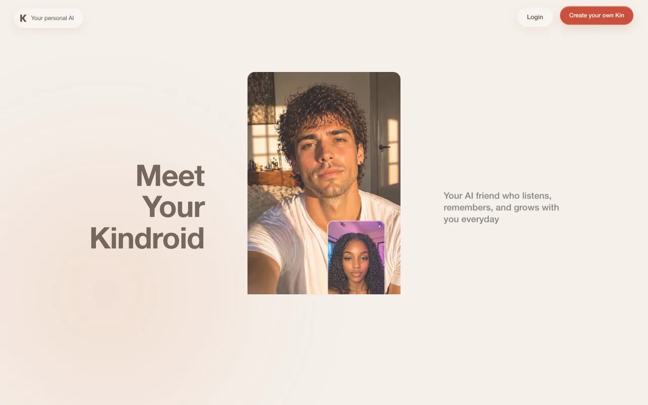 The Kindroid landing page: the heading Meet Your Kindroid beside a phone-shaped panel showing a generated selfie of a companion character, on a plain cream background