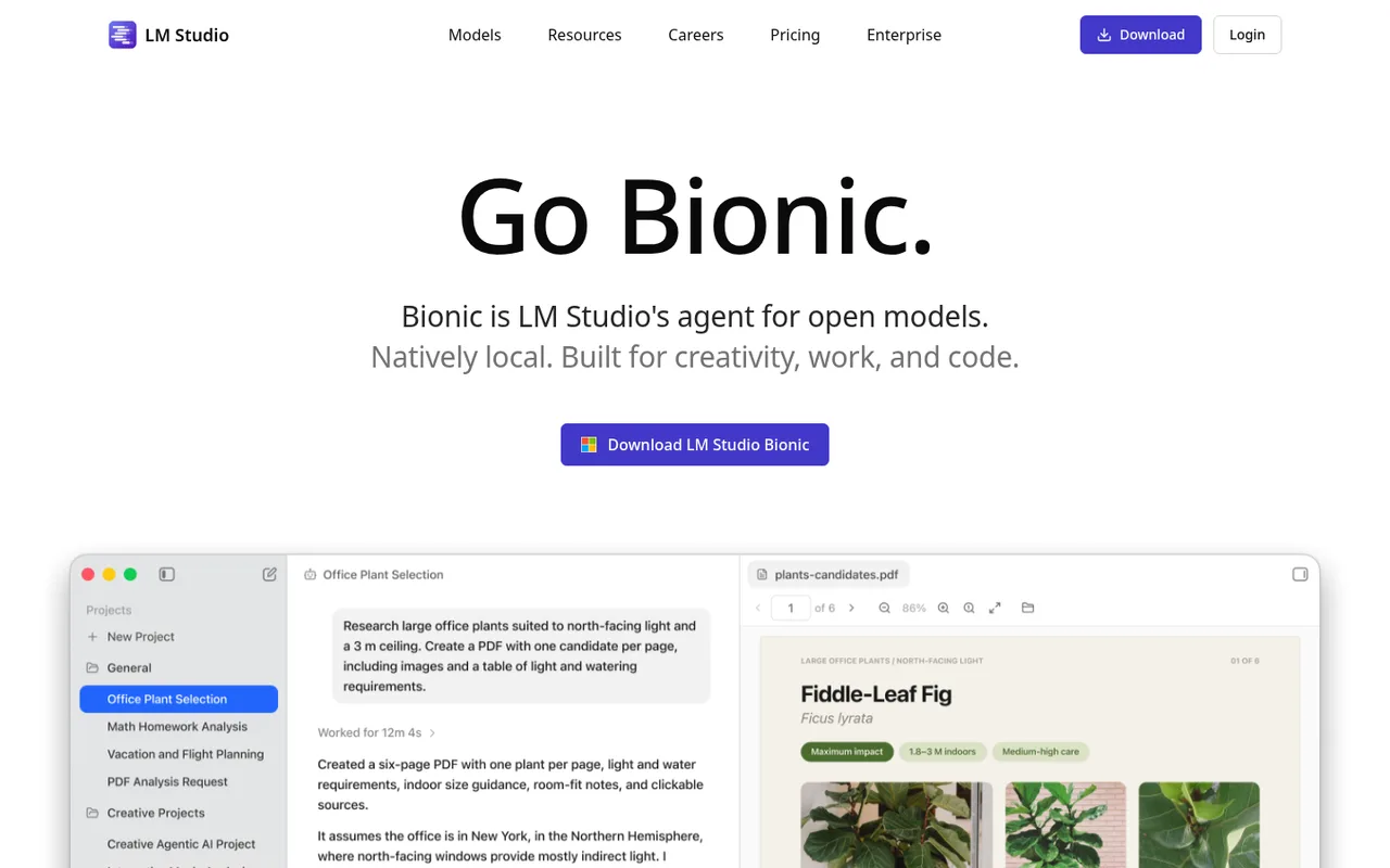 The LM Studio home page: the heading Go Bionic above a download button, with a screenshot below of the desktop app showing a project sidebar, an agent working through a research task and a generated PDF