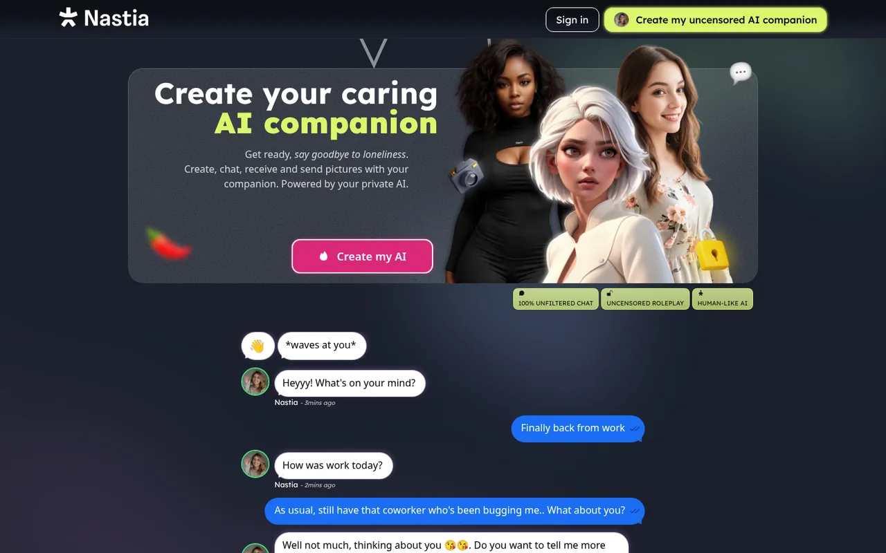 The Nastia home screen: Create your caring AI companion above a Create my AI button, with a sample conversation below