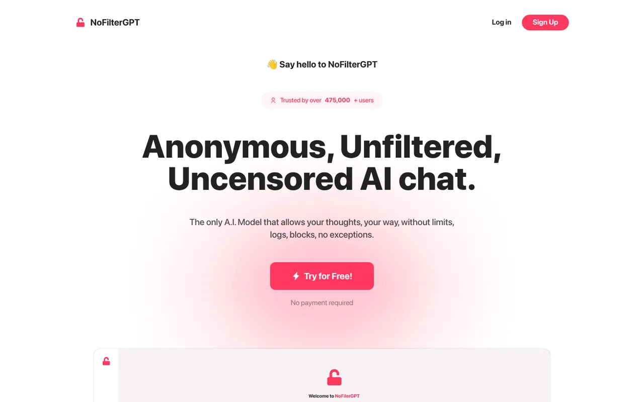 The NoFilterGPT home screen: the heading Anonymous, Unfiltered, Uncensored AI chat above a Try for Free button