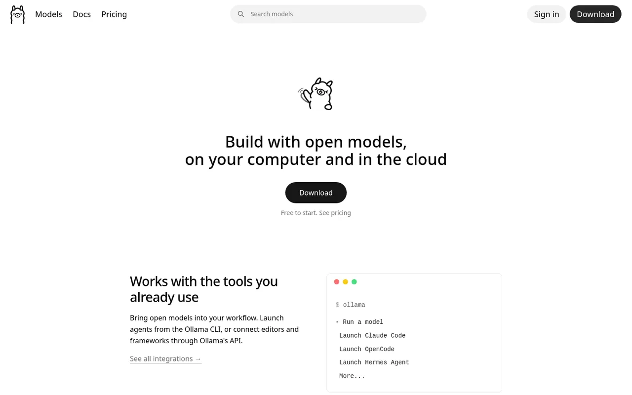 The Ollama home page: a line drawing of a llama above the heading Build with open models, on your computer and in the cloud, with a download button and a terminal panel showing the ollama command