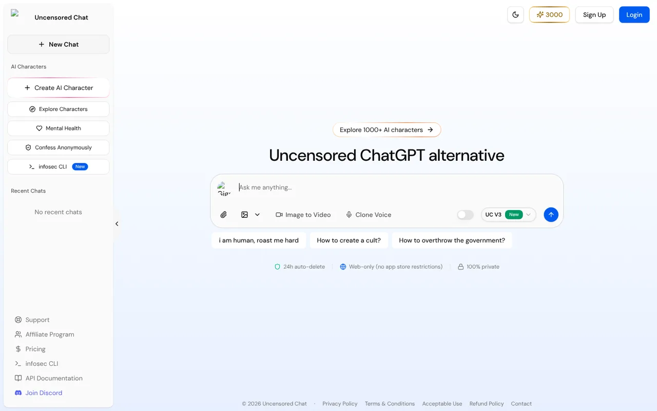The Uncensored Chat interface: a prompt box headed Uncensored ChatGPT alternative, with Image to Video and Clone Voice controls beneath it